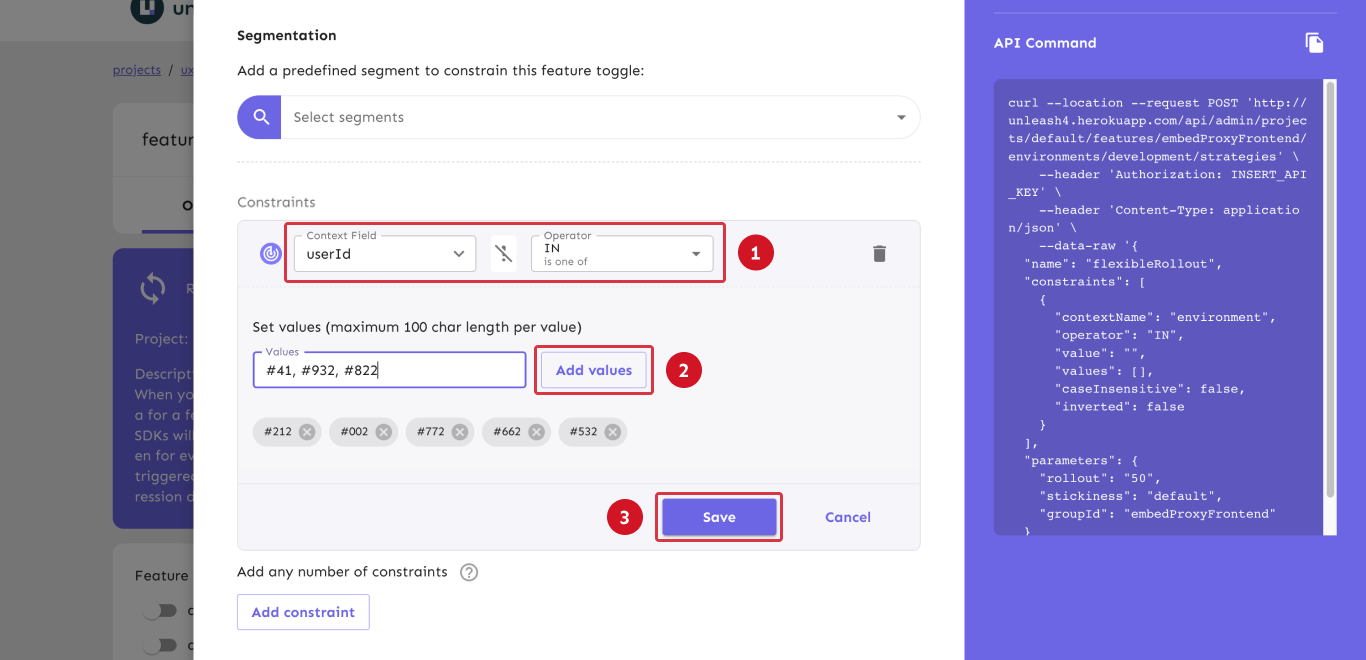 A strategy constraint form with a constraint set to &quot;useid&quot;. The &quot;values&quot; input is a text input containing the values &quot;41&quot;, &quot;932&quot;, &quot;822&quot;.